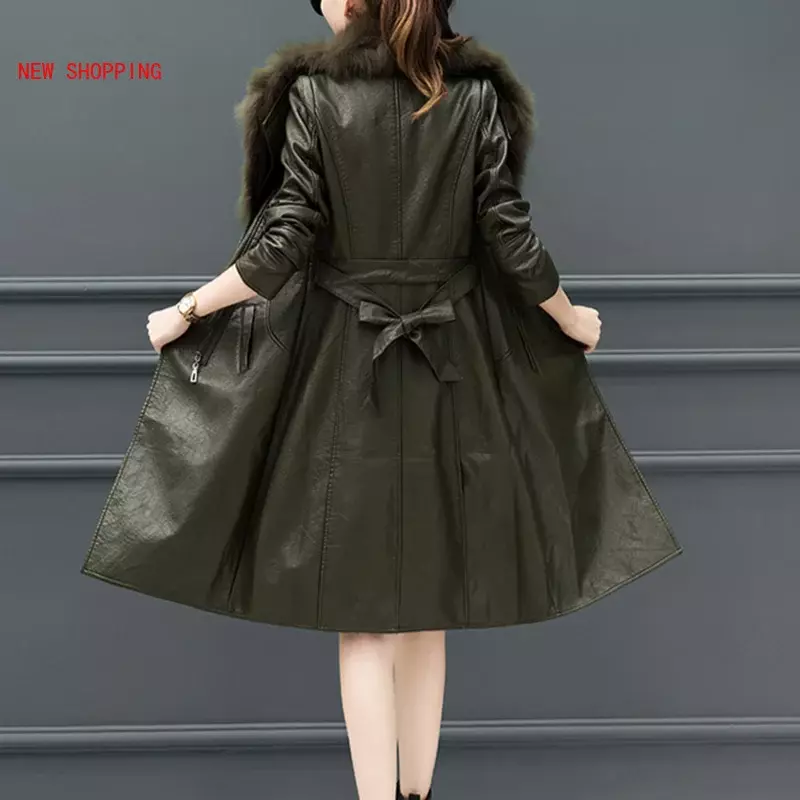 Inverno PU Leather Faux Fur Women Long Coat Belt Casual Plus Size 5XL Slim Coat Black Faux Fur Collar Jacket Coat Warm Velvet