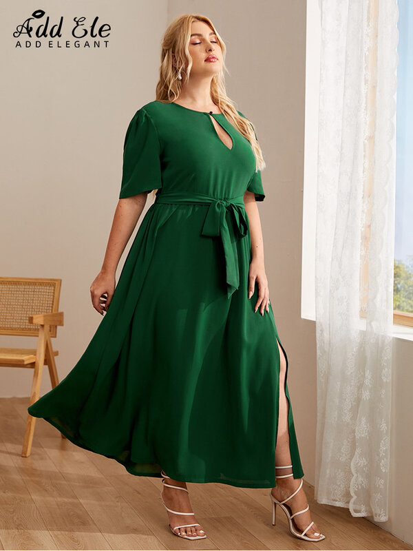 Vestido elegante de verano de talla grande para mujer, vestido de fiesta con cuello redondo ahuecado con abertura lateral en la cintura, color verde liso, B244