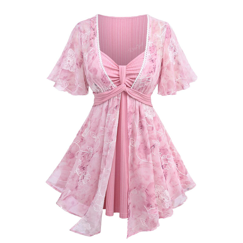 ROSEGAL 여성용 플러스 사이즈 라이트 핑크 꽃 자수 티셔츠, 레이스 트림 구김 트위스트 골지 질감, 비대칭 투인원 탑