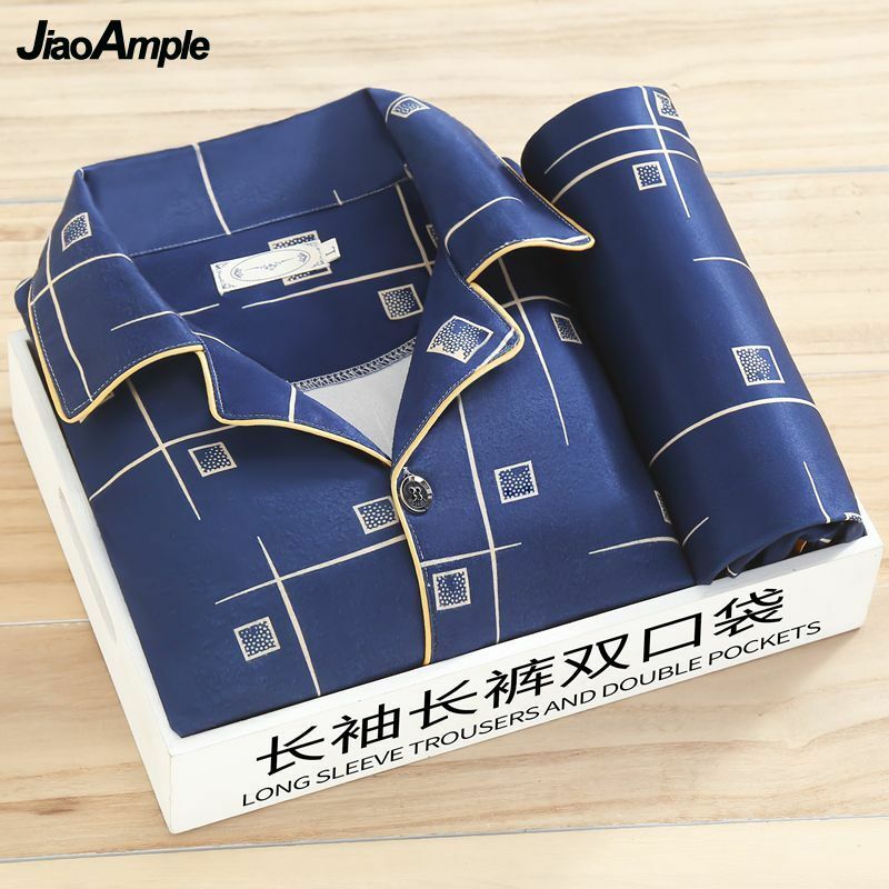 100% Upscale Men's Pajamas 2022 Autumn Winter Cotton Long Sleeved Trousers Pijamas Homewear 2 Piece Korean Elegant Sleepwear Set