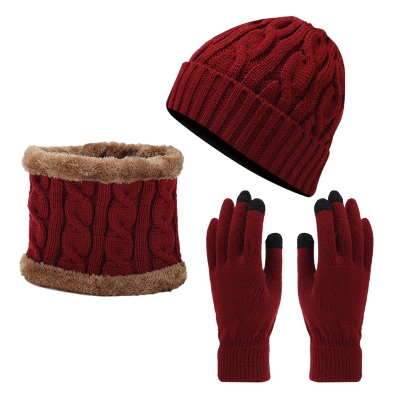 L5YA Zimowa ciepła czapka Ochraniacze na szyję Zestaw rękawiczek dla kobiety Mężczyzna Wiatroszczelna czapka 3 szt. Garnitur