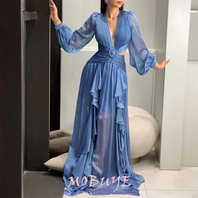 MOBUYE-Elegante vestido de baile até o chão com mangas compridas para mulheres, vestido de festa, decote V, moda popular, 2022