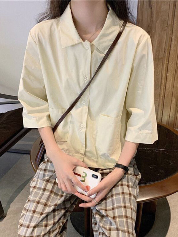 Простые рубашки-карго Zoki из чистого хлопка, Женская Корейская Свободная Повседневная блузка, винтажные однотонные универсальные ретро-топы с карманами в стиле преппи