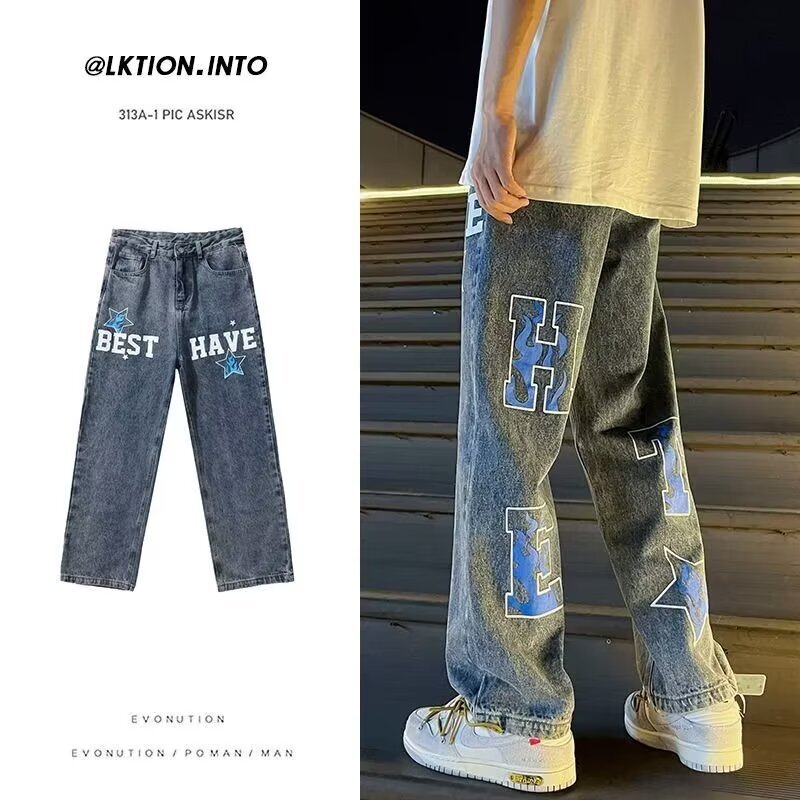 American street hip-hop męskie slim dark Jeansy męskie Straight Fit Elastic Wash Fashion Retro High end Casual Blue Long Pants