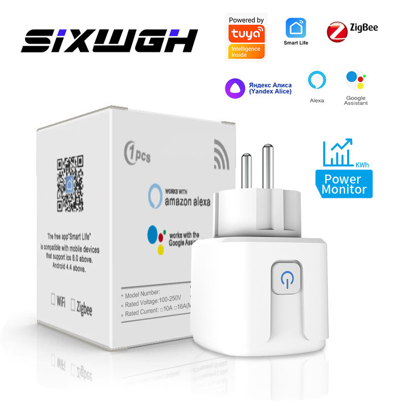 SIXWGH-Zigbee Smart EU Plug para Tuya, Temporização de Automação Doméstica, Monitor de Energia, Suporte Smart Socket, Google Home Alexa