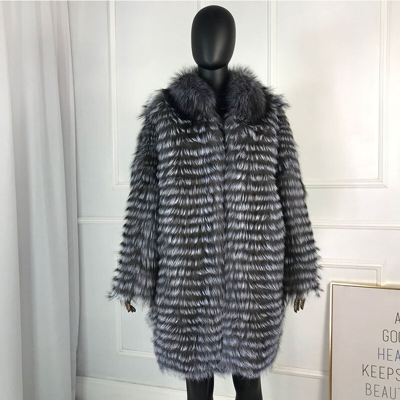 CNEGOVIK Women's Hot Silver Fox Fur Coat Natural Long Fur Coats Real Fox Fur Coat Plus Size