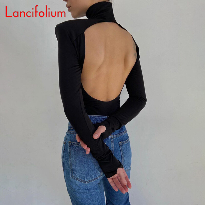 Musim panas musim gugur seksi Backless lengan panjang setengah Turtleneck Bodysuit hitam Vintage Romper wanita Bodysuit Jumpsuit Streetwear T Shirt
