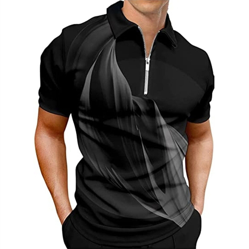 Летняя новая мужская повседневная рубашка-поло на молнии с коротким рукавом и принтом