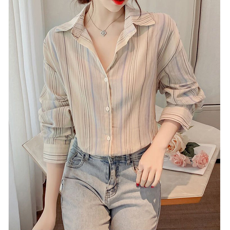 Elegant Fashion Striped Print Street All Match Shirts for Women Spring Autumn Casual Chic Long Sleeve Top Blouse Female Clothing