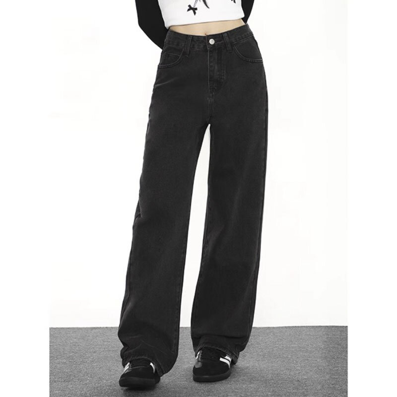 กางเกงยีนส์ขากว้างเอวสูงสำหรับผู้หญิง, กางเกงยีนส์สีดำวินเทจแฟชั่นฤดูใบไม้ร่วงใหม่ Y2K