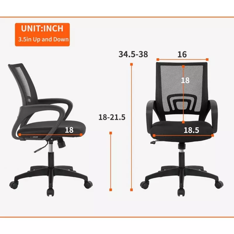 Kursi kantor rumah kursi meja ergonomis, komputer jaring dengan dukungan pinggang sandaran tangan putar dapat disesuaikan hitam