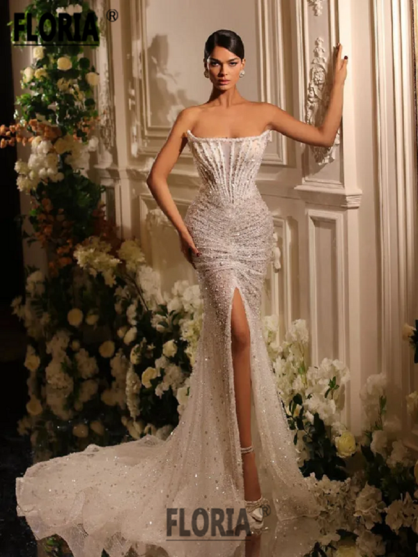 Elegant ไข่มุก Mermaid ชุดราตรีลูกปัดลูกไม้ Appliques คำพรหมชุด Gowns งานแต่งงาน2023เสื้อคลุม De Soirée Luxus