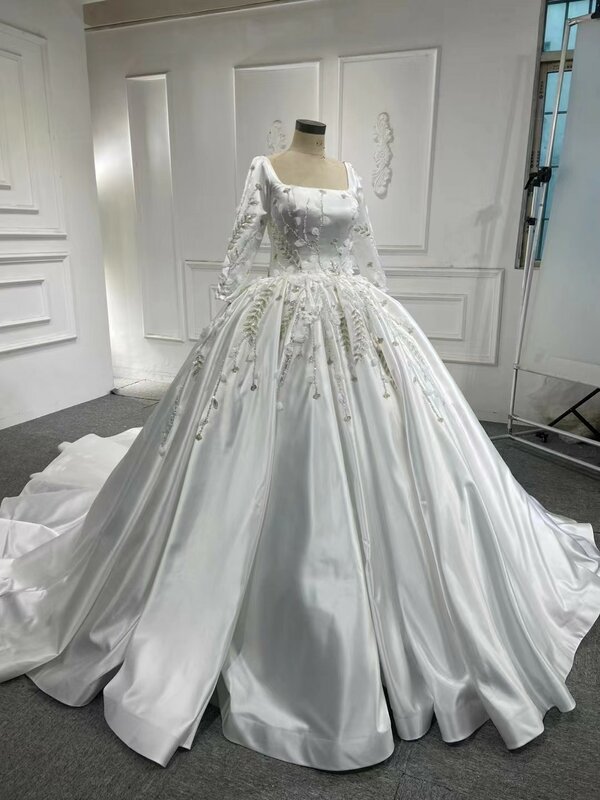 Rsm 67282 67210 mangas compridas cetim rendas flores vestido de noiva vestido de baile de cetim de luxo vestido de noiva