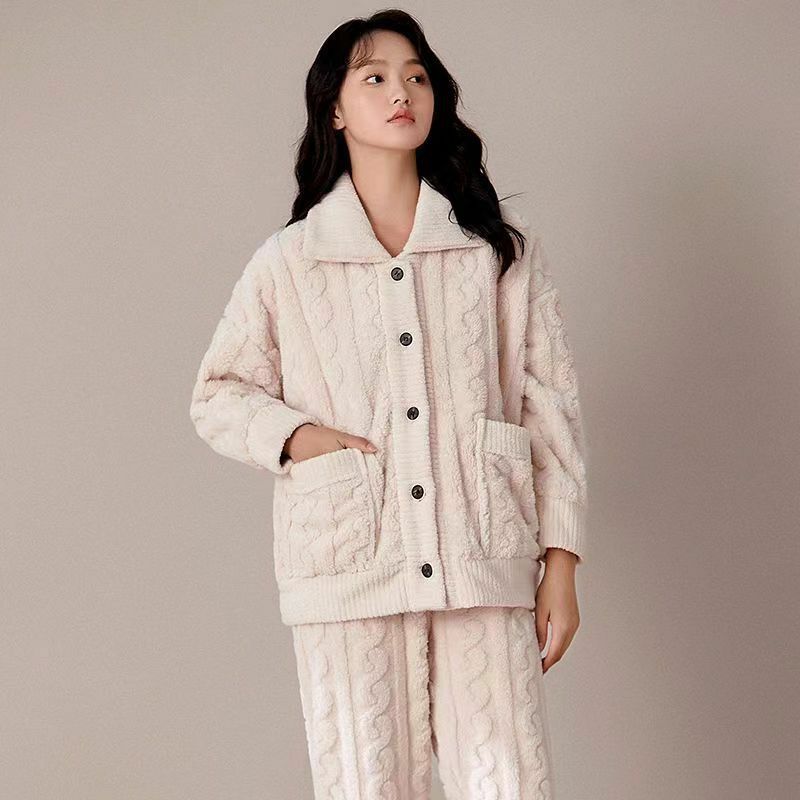 Pyjama Nachtkleding Vrouwen Warm Flanellen Pyjama Sets Koraal Fleece Lange Mouw Fleece Nachtkleding Loungewear Sets Dikke Knoop