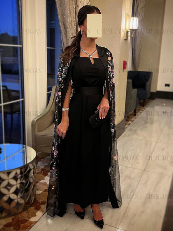 Black Luxury Formal Occasion Dresses 2023 Bead Applique A-line Party Dress With Cloak Crystal Elegant Evening Gowns فساتين حفلات