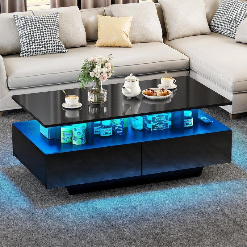 Couch tisch hoch glänzende LED-Couch tische für Wohnzimmer schwarzer kleiner Mittel tisch mit offenem Regal und Schiebe schubladen