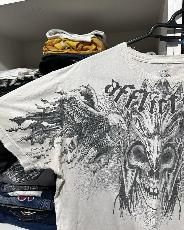 Y2K Tshirt New Hip Hop Skull Pattern Round Neck Oversized Vintage Tshirt Men Women Short Sleeved Gothic Clothing Tops Streetwear