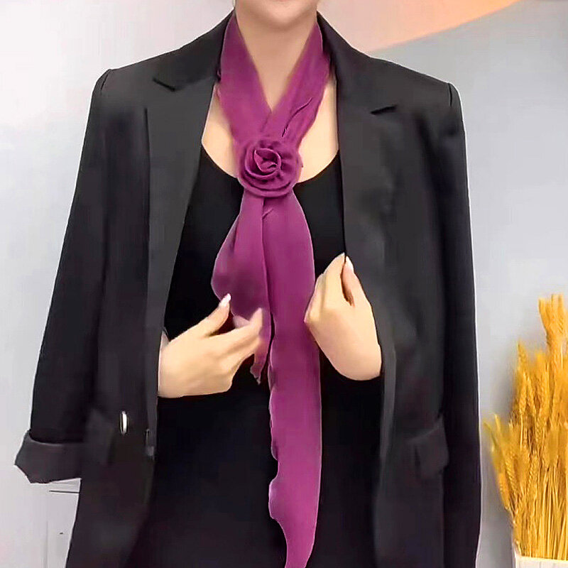 Women Rose Decor Neckerchief Silk Scarf Breathable Thin Chiffon Sunscreen Anti-uv Solid Neck Collar Multiple Wearing Methods