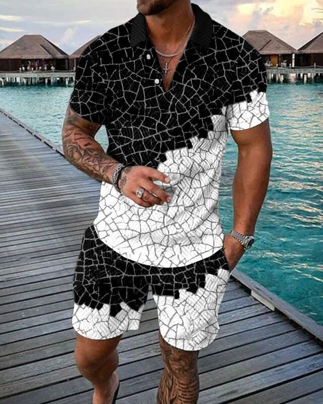Boho Geometric Style 3D Print Men Polo shirts Set Zipper Lapel Polo Sets Zipper Collar+Shorts 2pcs Hawaii Holiday Man Clothes