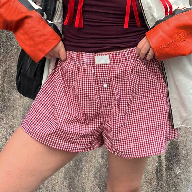 Damen y2k Lounge Shorts niedliche weiche elastische niedrige Taille Plaid Print Knopf vorne Pyjama Hosen Boxershorts Nachtwäsche