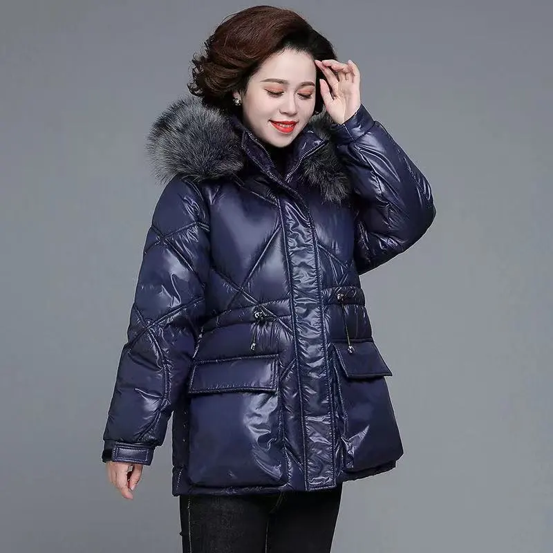 여성용 다운 코튼 재킷, 두꺼운 루즈 글로시 코트, 후드 모피 칼라, 블랙 4XL 아우터, 가을 겨울, 2023 신상 패션