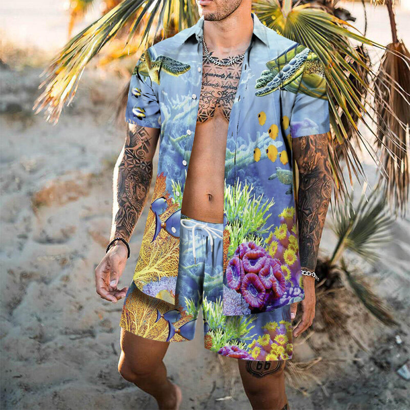 Strand gedruckt Hawaii Set Herren 2 Stück Hemd 3D-Druck lose Freizeit Kurzarm Strand Shorts Shirt Urlaub Mode zweiteilig Set