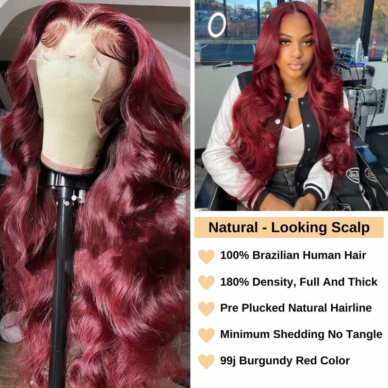 Perruque Lace Front Wig sans colle naturelle, cheveux humains, couleur bordeaux 99j, rouge vin, pre-plucked, avec baby hair, nouvelle collection