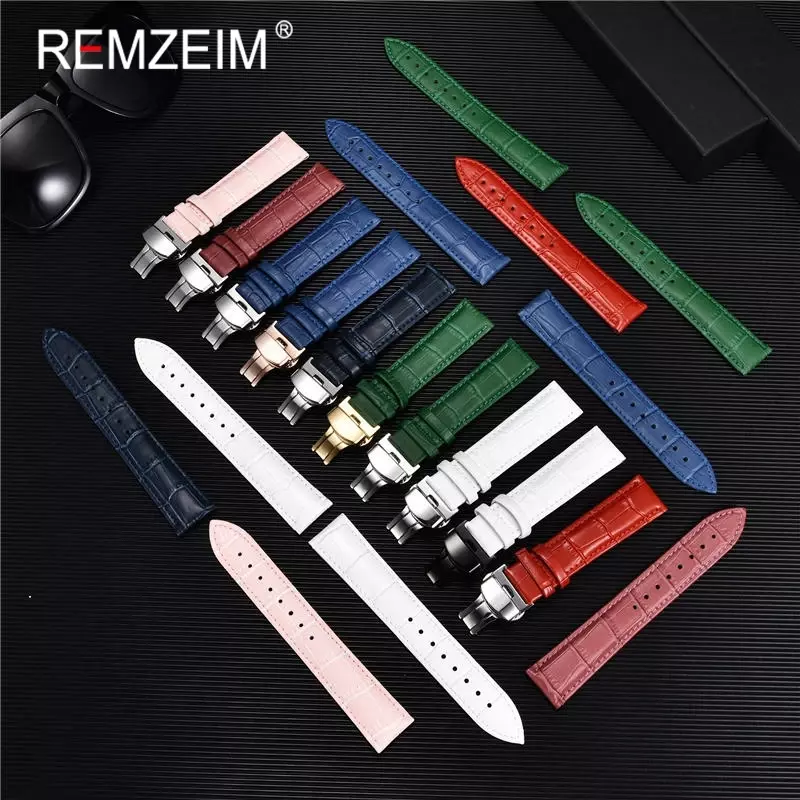 REMZEIM-대나무 패턴 정품 가죽 시계 스트랩, 첫 번째 레이어 소 가죽 시계 밴드 18/20/22/24mm, 스틸 나비 버클 포함
