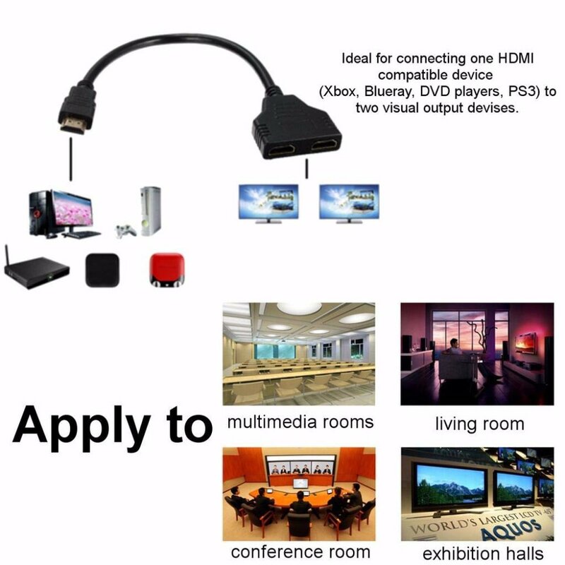 RYRA HDMI Splitter Adapter Cable Dual Port Y Splitter 1 In 2 Out HDMI Male To HDMI Female 1 To 2 Way For HDMI HD LED LCD TV Ps3