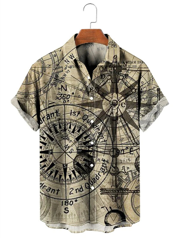 남성용 빈티지 셔츠, 3D 지도 프린트 반팔, 라펠 단추, 남성 의류, 캐주얼 패션 상의, 오버사이즈 티셔츠