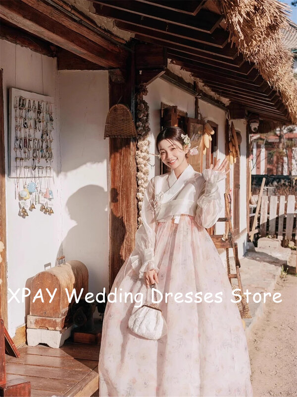 XPAY-vestidos de novia coreanos de manga larga con cuello en V, vestidos de novia coreanos para sesión de fotos de boda, vestidos de novia de jardín plisados de Organza, talla grande, hechos a medida
