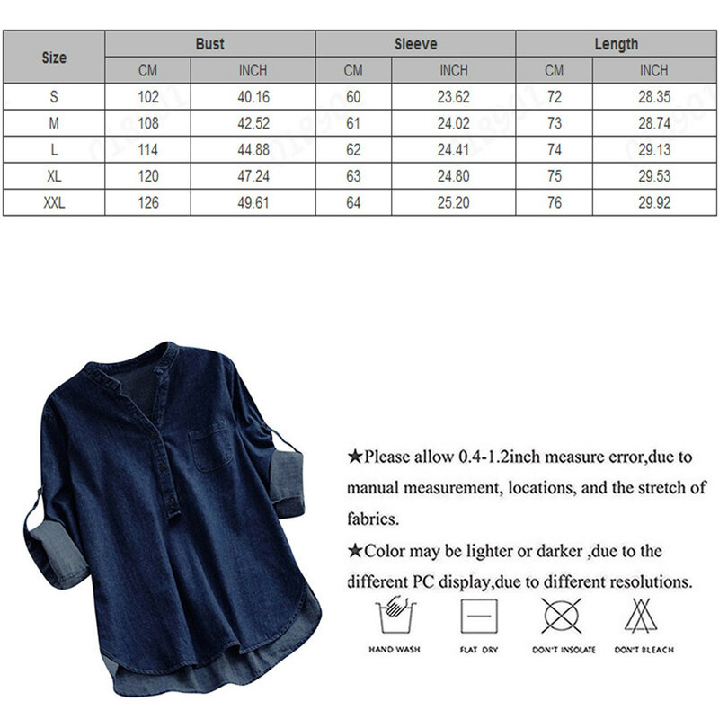 Blusa de mezclilla informal para mujer, blusa Elegante de manga larga con botones y bolsillos, dobladillo asimétrico