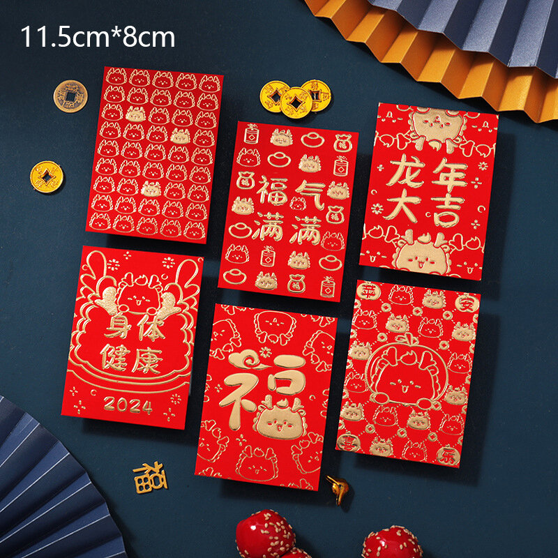 Estilo chinês Cartoon Envelopes Vermelhos, Presente de Ano Novo, Bolsa de Bênção, Saco de Dinheiro Sorte Dragão, Fornecimento Festival, 6Pcs, 2024