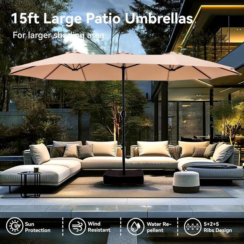 15 Foot Large Umbrella with Base, Outdoor Double-sided Rectangular Market Umbrella with Crank, Beige