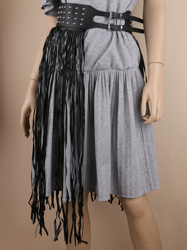 Женская танцевальная юбка в стиле панк с заклепками, украшенная талией, серебряная юбка с кисточкой на подоле