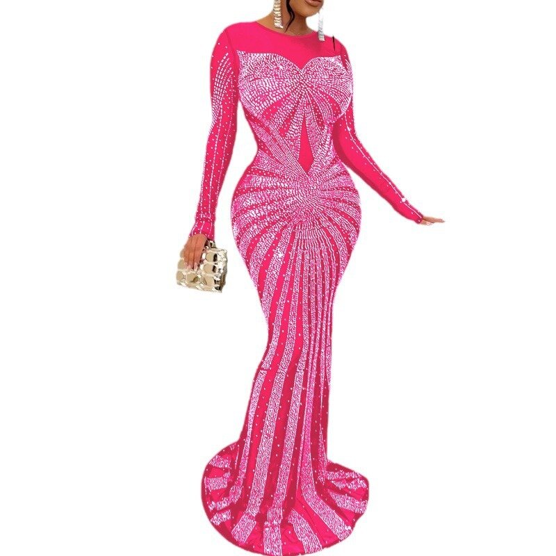 Europejska i amerykańska damska długa sukienka siatka w jednolitym kolorze perspektywa gorąca z kryształu górskiego z długim rękawem sukienka moda letnia sukienka 2024