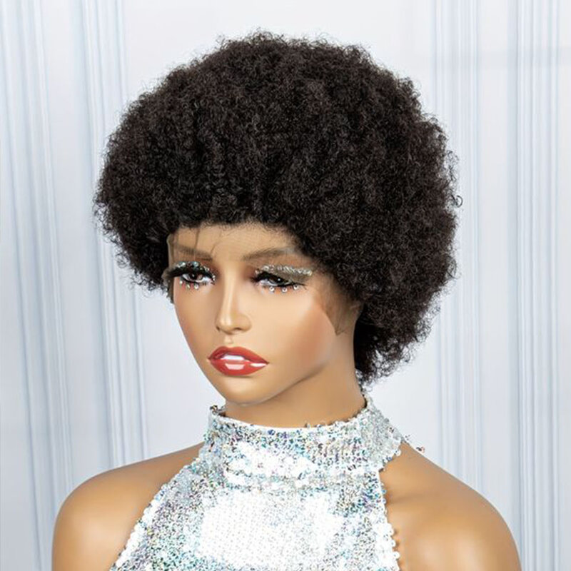 Peluca Bob corta para mujeres negras, cabello humano rizado brasileño, pelo Remy a máquina completo, Afro Puff, 150% de densidad