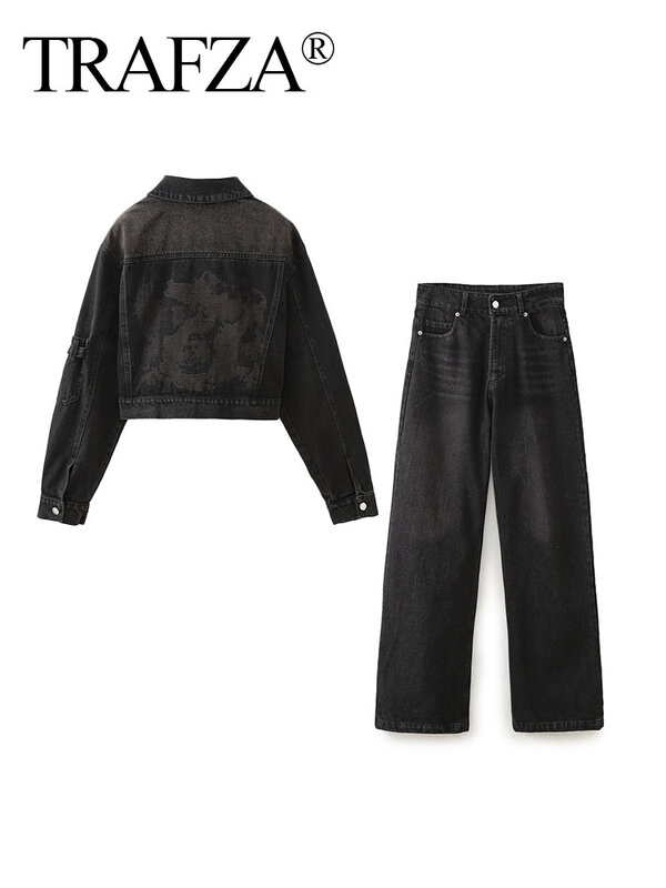 TRAFZA 2024 Spring Vintage Black Denim Pants Suit For Women Metal Straps Long Sleeves Jacket+High Waist Wide Leg Straight Jeans