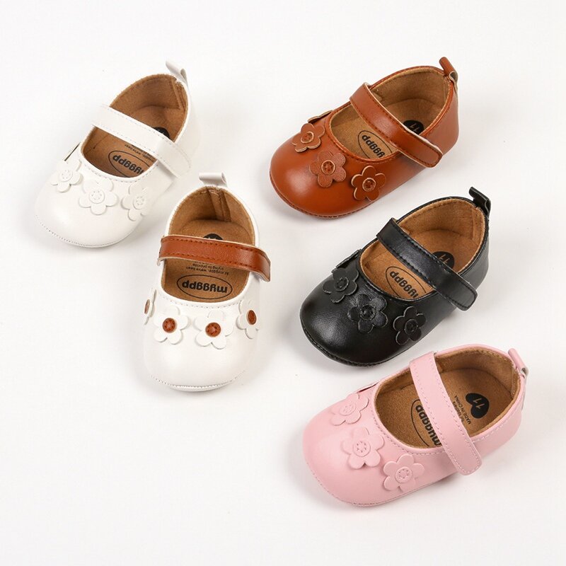 Newborn Girl Flower Leather Shoes First Walker Soft-Sole Flat Shoes  Baby Baptism Wedding Birthday Party Princess Shoes 0-18M