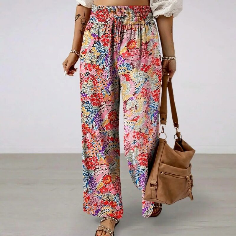 Calças com estampa floral de pernas largas para mulheres, calças soltas com bolsos ajustáveis, streetwear de cintura alta, trabalho empresarial