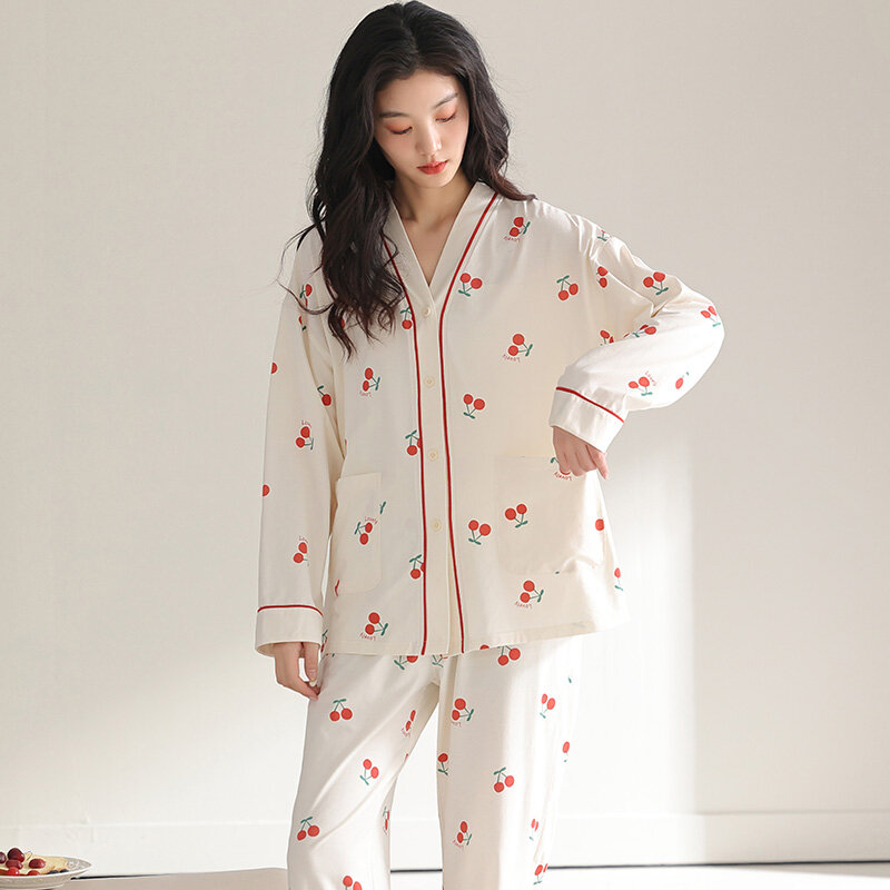 100% algodão pijamas conjunto feminino primavera e outono sleepwear manga longa serviço doméstico simples solto casual terno feminino