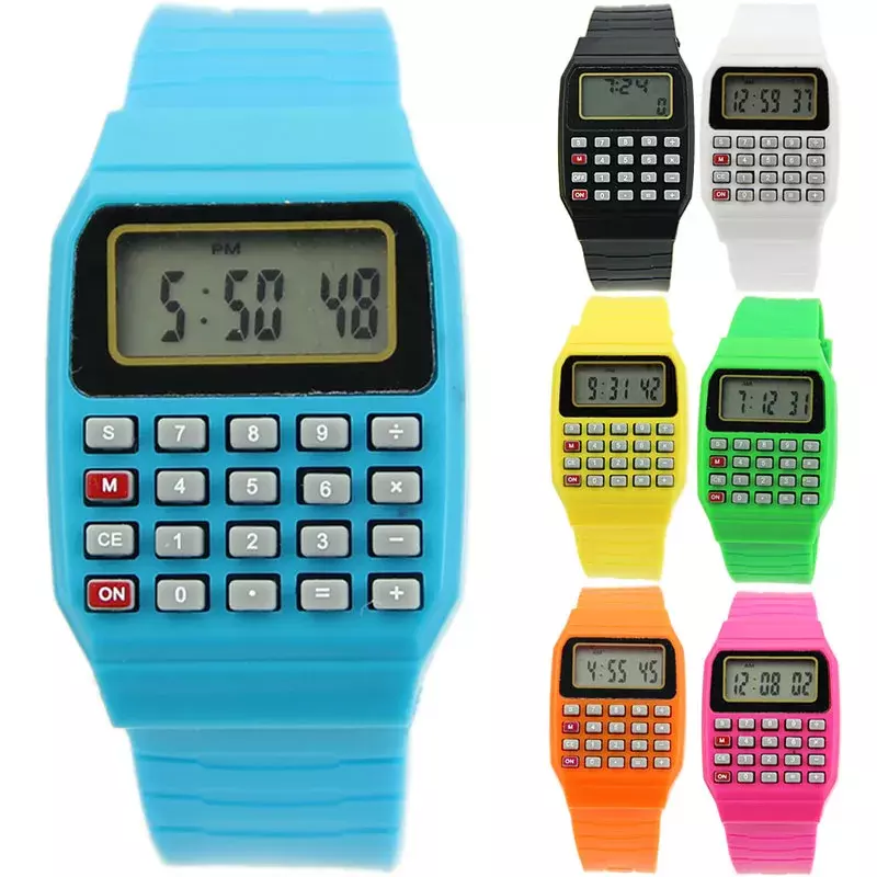 Calculadora electrónica de silicona para niños, reloj de pulsera con teclado multiusos, fecha