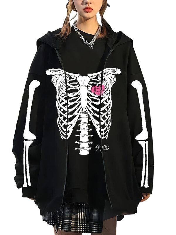 Halloween Skull Print Hoodie Vrouwen Losse Fit Jack Y 2K Grafische Full Rits Sweatshirts