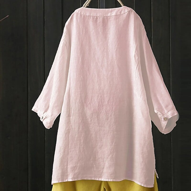 เสื้อเชิ้ตแขนยาวผ้าฝ้ายและลินินสำหรับผู้หญิง, เสื้อกระดุมคอเสื้อยืนสีพื้นเสื้อทรงหลวมแบบเรียบง่าย