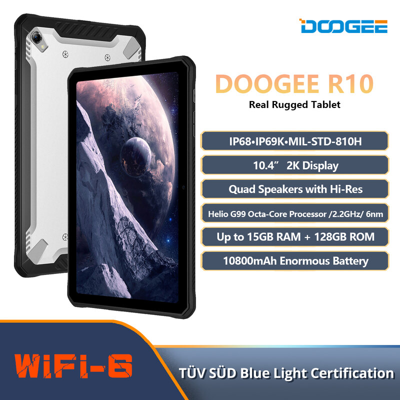 DOOGEE-R10 Tablet robusto, 10.4 ", 2K Display, Helio G99, processador Octa Core, 15GB RAM + 128GB ROM, bateria 10800mAh
