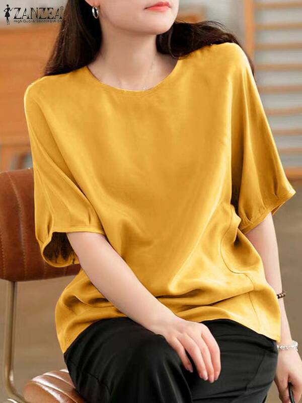 ZANZEA 2024 estate mezza goccia manica spalla camicia Blusas coreano Casual donna camicetta girocollo sciolto top solido semplice tuniche