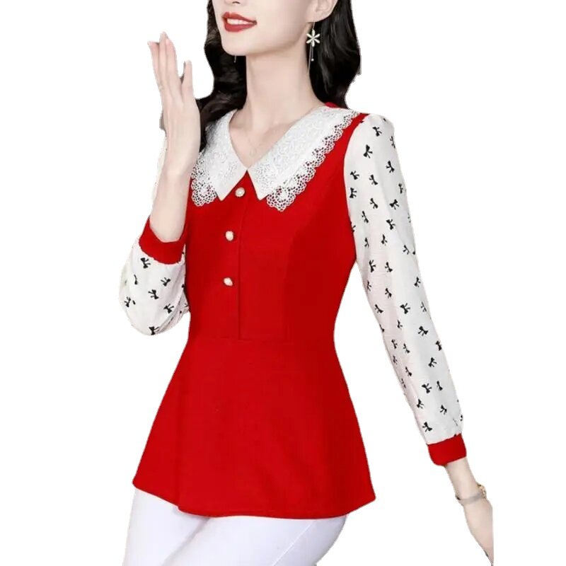 2024 Office Women's Shirts Fall Basic Clothing French Design Patchwork Long Sleeve Shirt With Buttons White Lace Blouses LJ238