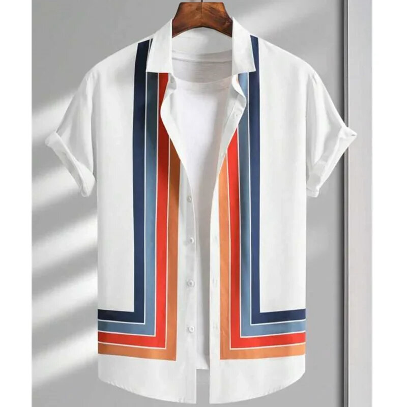 Camisa masculina listrada simples estampada em 3D, casual e elegante, camisa de manga curta, abotoa a lapela, roupa de rua, blusa tamanho grande