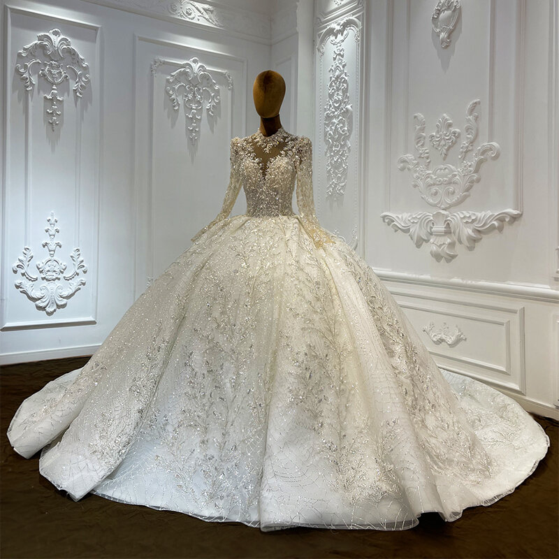 International Flash Sale Wedding Gown For Bride 2024 Organza Chapel Train Full Sleeves Sequins Backless Robe De Mariée LSCJ01