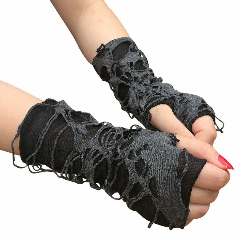 1 paio di guanti con spacco rotto guanti senza dita gotici Sexy guanti di Halloween guanti Cosplay con fori strappati neri per adulti